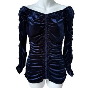 Venus Regal Blue Velvet Top Sz 8 Ruched Nonslip Off Shoulder Long Slv Whimsigoth